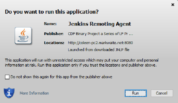Java Web Start prompt for remoting agent